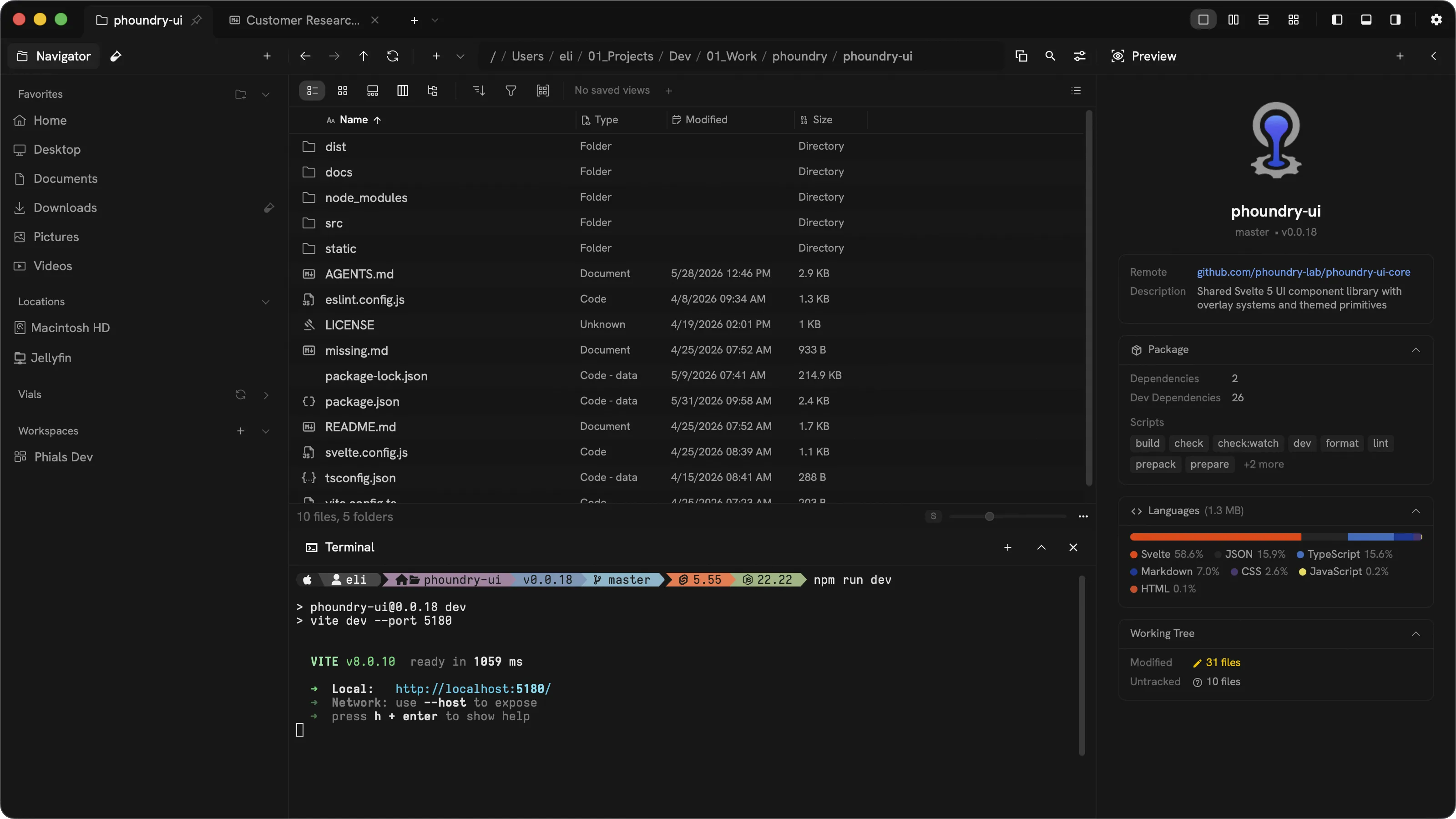 Phials project workspace with source files, code preview, and an integrated terminal panel