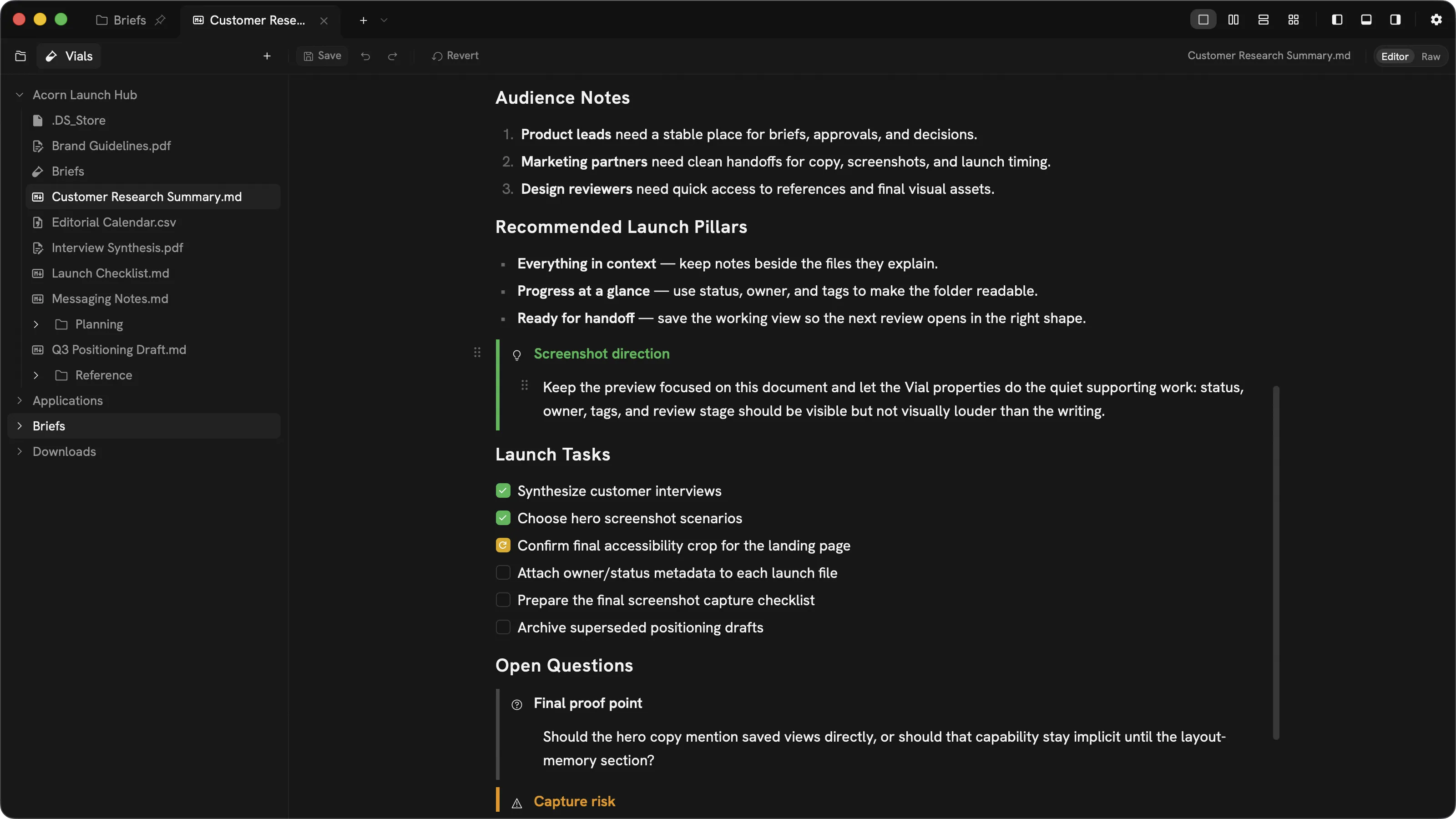 Phials vial workspace editing a markdown research summary with checklist tasks and a properties sidebar